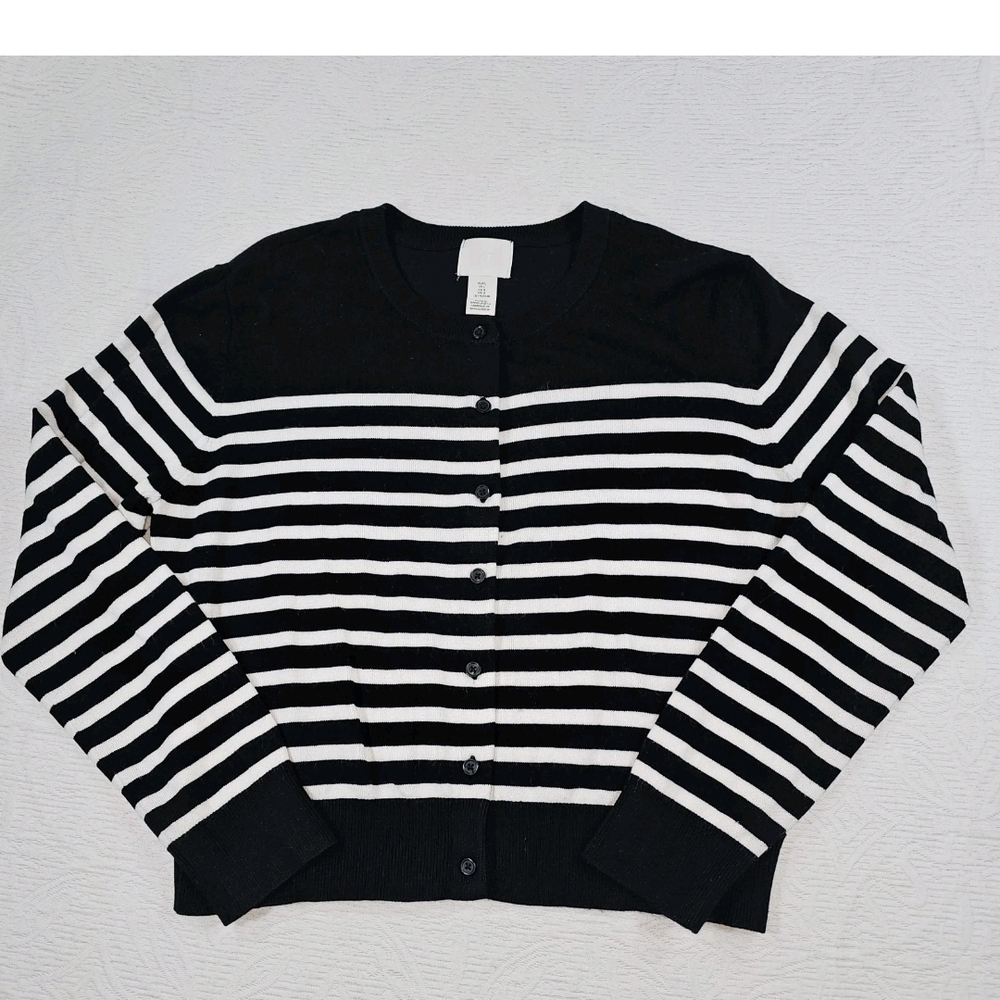 Cardigan Button Sweater Black White Stripe XL Nautical Preppy Classic Old Money